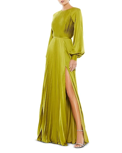 Mac Duggal Pleated High Neck Raglan Long Sleeve Side Slit Gown
