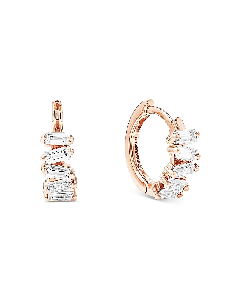Suzanne Kalan 18K Rose Gold Diamond Thin Huggie Hoop Earrings