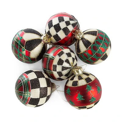 Mackenzie-Childs Tartan Glass Ball Ornaments, Set of 6