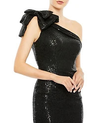 Sequined Bow One Shoulder Column Gown