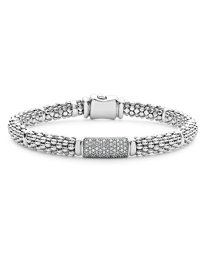 Lagos Sterling Silver Signature Caviar Pave Diamond Station Bracelet