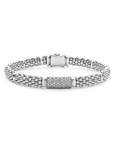 Lagos Sterling Silver Signature Caviar Pave Diamond Station Bracelet