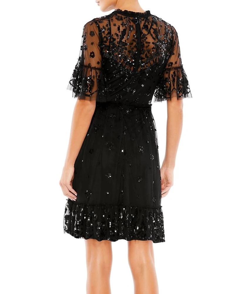 Embellished Illusion High Neck Mini Dress