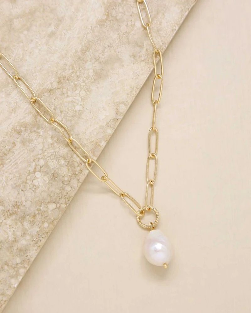 Single Freshwater Pearl Open Links 18K Gold Plated Chain Necklace, 15"