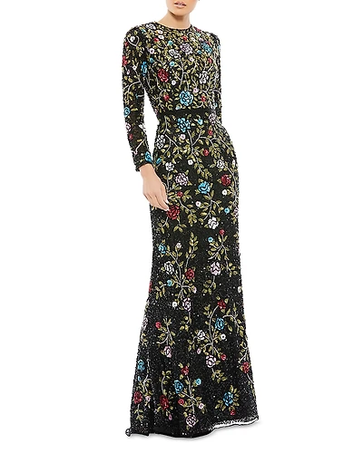 Mac Duggal Floral Long Sleeve Gown