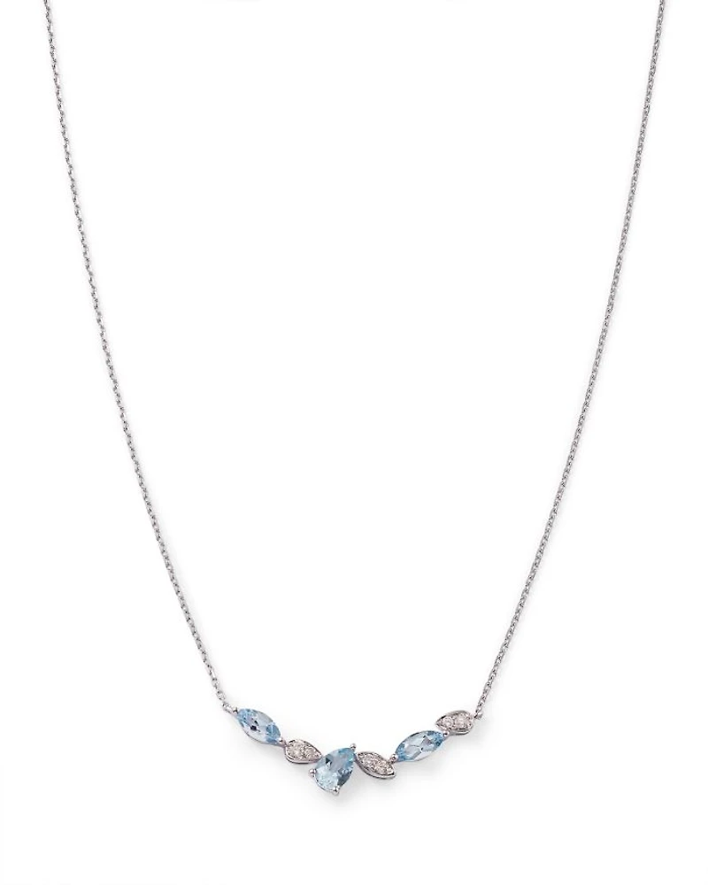 Aquamarine & Diamond Accent Curved Bar Necklace in 14K White Gold, 17"