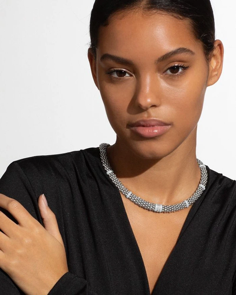 Ceramic & Sterling Silver White Caviar Diamond Station Necklace