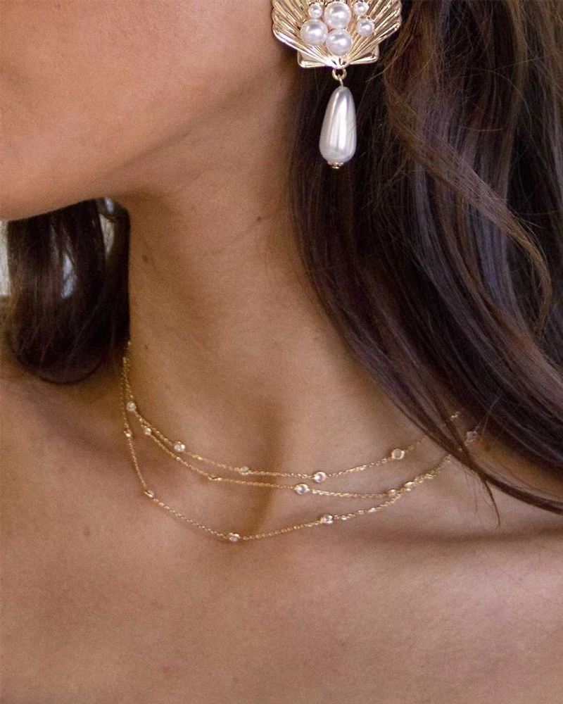 Perfect Crystal Dotted Cubic Zirconia Layered Collar Necklace in 18K Gold Plated, 13"-16"