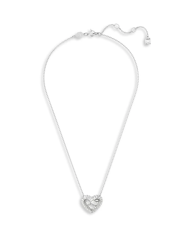 Matrix Baguette Crystal Woven Heart Pendant Necklace in Rhodium Plated, 15"-17"