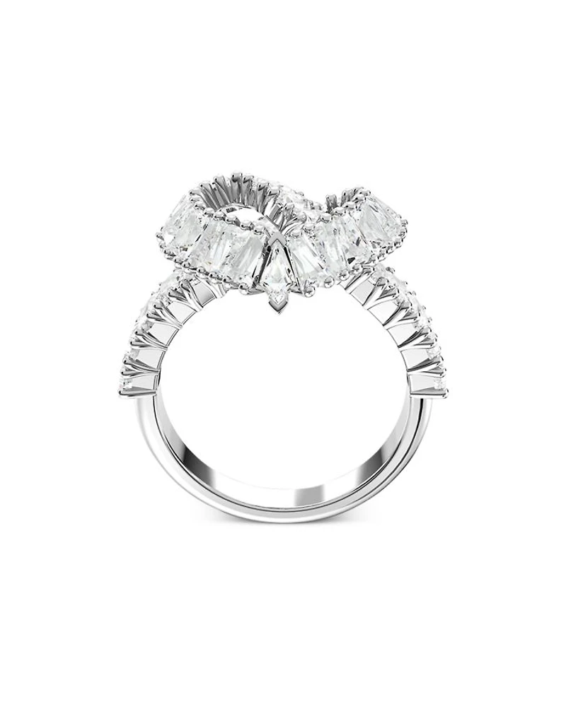 Matrix Baguette Crystal Woven Heart Cocktail Ring Rhodium Plated
