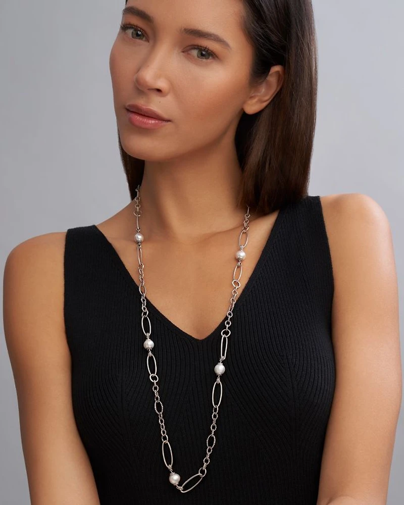 Sterling Silver Luna Cultured Freshwater Pearl Link Necklace, 34"