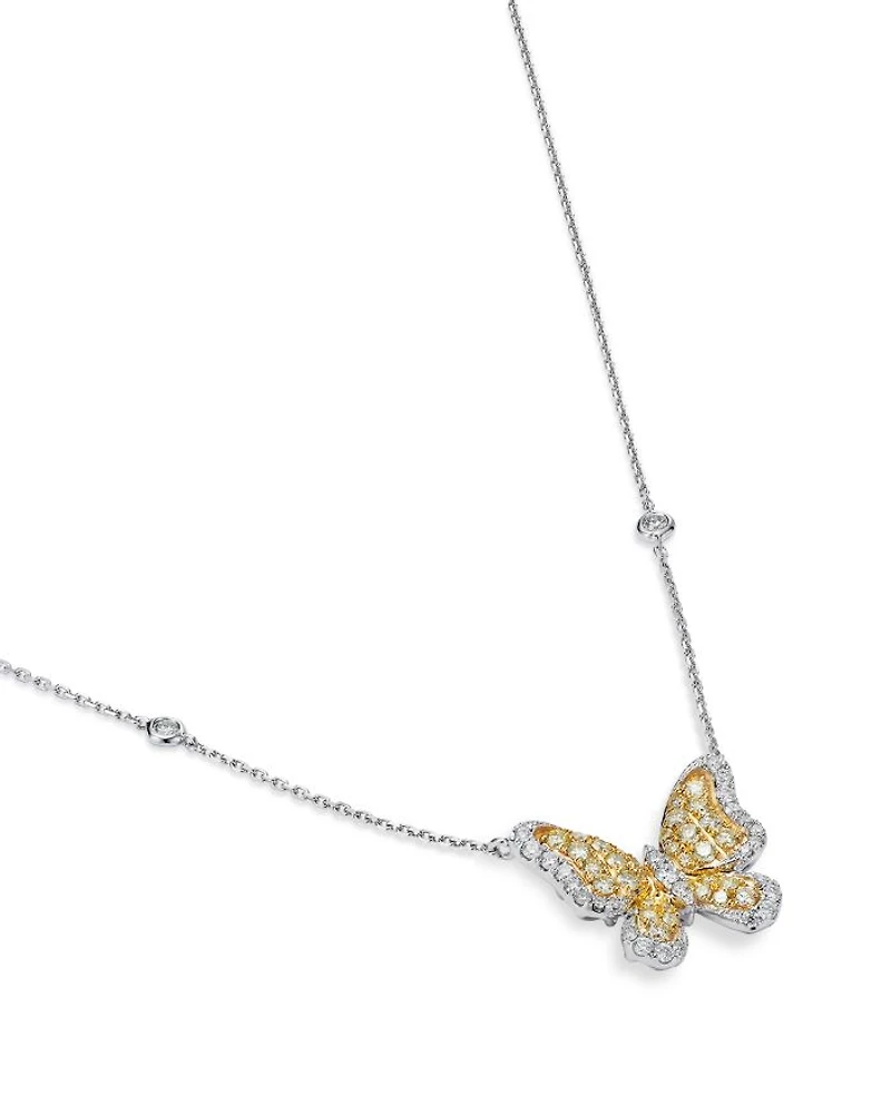 White & Yellow Diamond Butterfly Necklace in 14K Yellow & White Gold, 18"