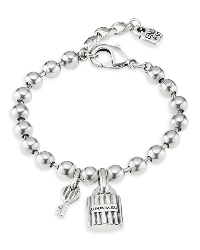 UNOde50 Sterling Silver-Plated Beaded Bracelet With A Padlock And Key Charms