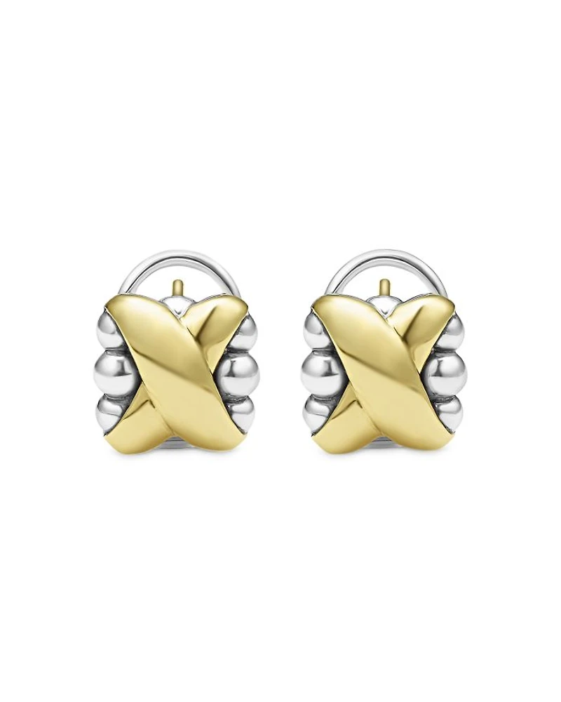 18K Yellow Gold & Sterling Silver Embrace X Dome Caviar Bead Omega Earrings