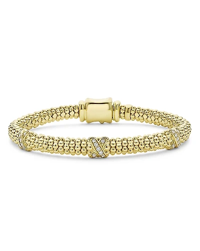 Lagos 18K Yellow Gold Embrace Diamond Triple X Caviar Bead Bracelet