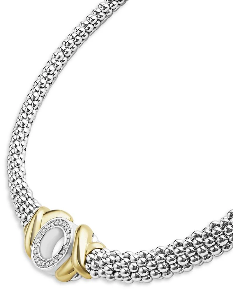18K Yellow Gold & Sterling Silver Embrace Diamond XO Beaded Collar Necklace, 15"