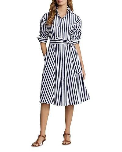 Belted Striped Cotton Shirt Dress