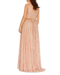 Plus Sequined Striped Sleeveless V Neck A Line  Gown