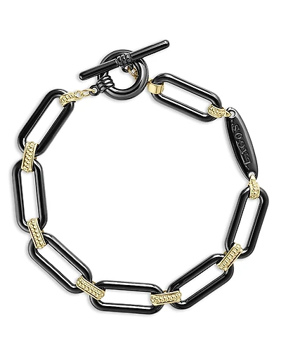 Lagos 18K Yellow Gold Signature Caviar Black Ceramic Link Toggle Bracelet