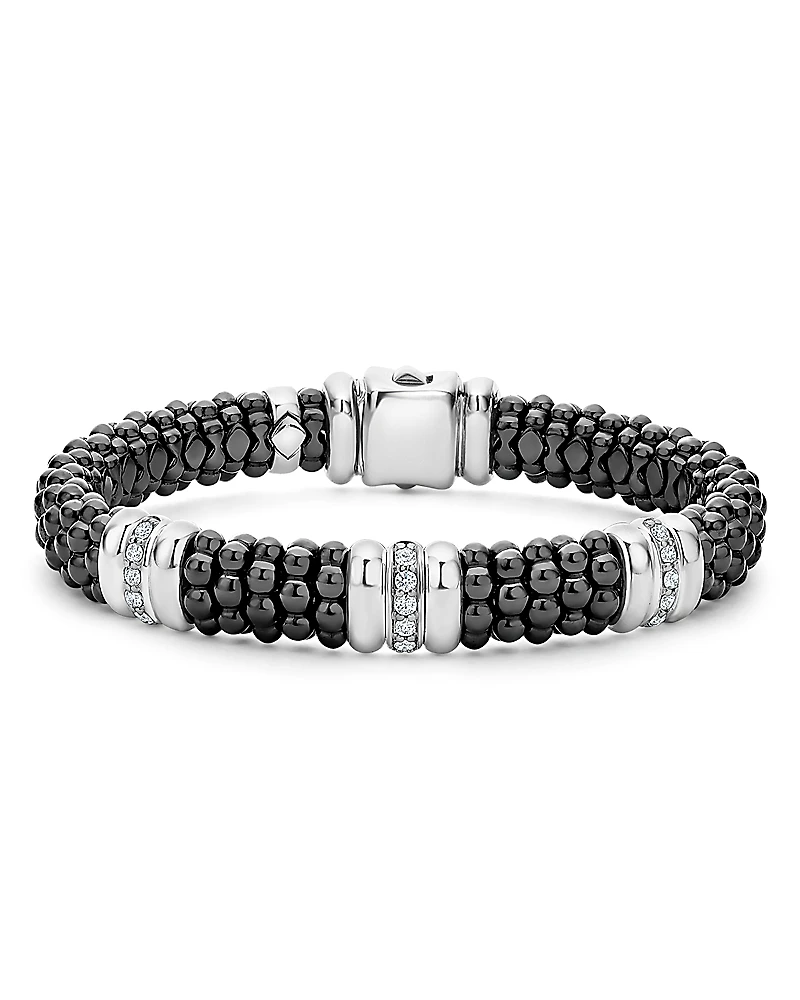 Lagos Sterling Silver Black Caviar Black Ceramic & Diamond Rondelle Beaded Bracelet