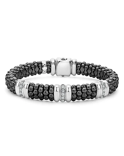Lagos Sterling Silver Black Caviar Black Ceramic & Diamond Rondelle Beaded Bracelet