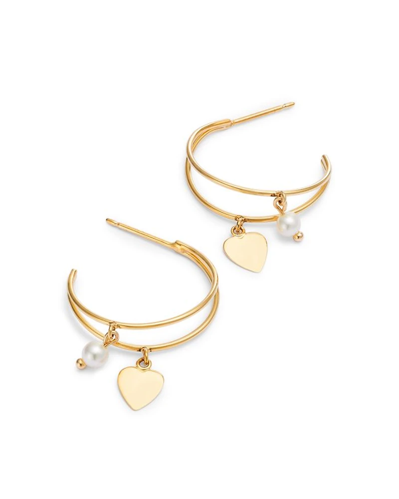 14K Yellow Gold Freshwater Pearl & Polished Heart Dangle Hoop Earrings