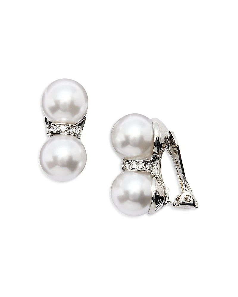 Kenneth Jay Lane Pave Divider Imitation Pearl Clip On Stud Earrings