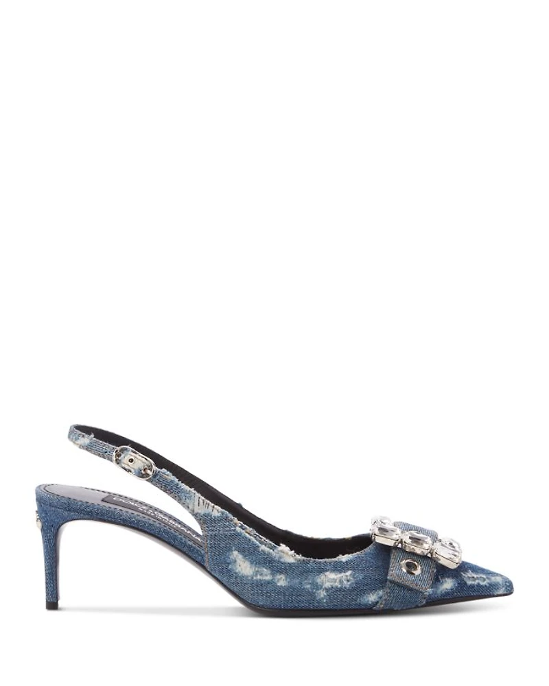 Women's Distressed Denim Kitten Heel Slingback Pumps