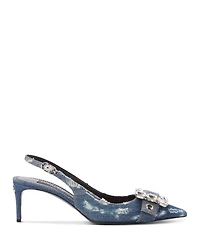 Women's Distressed Denim Kitten Heel Slingback Pumps