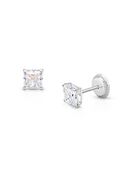 Girls 14K Gold 4mm Princess Cut Studs Screw Back Earrings - Children