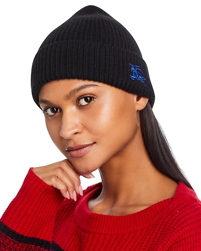 Logo Embroidered Ribbed Cashmere Beanie