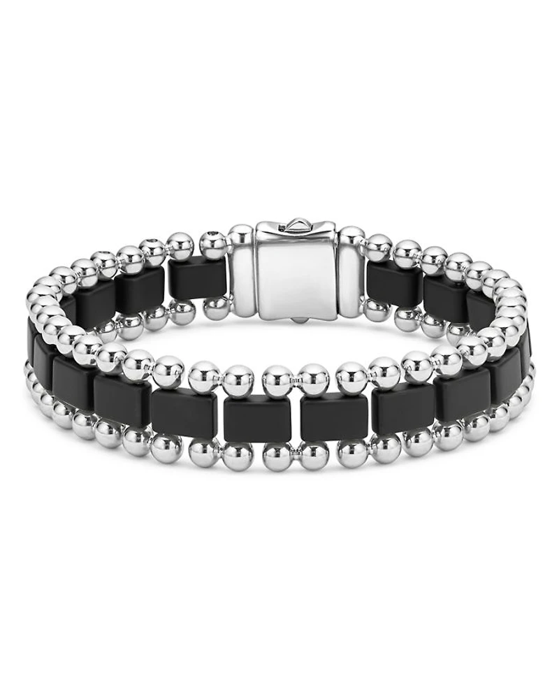 Men's Sterling Silver Anthem Obsidian Bead Skull Stretch Bracelet