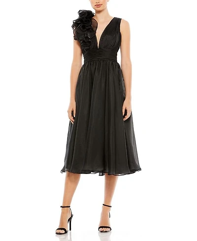 Plunging Ruffled A-Line Cocktail Dress