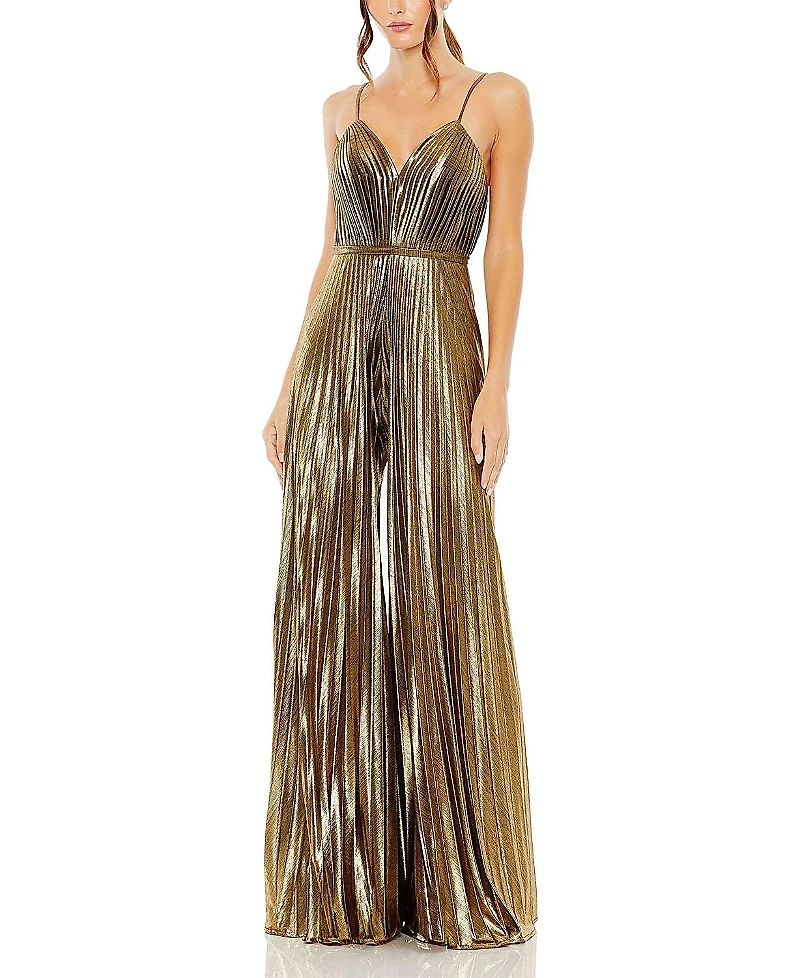 Mac Duggal Metallic Pleated V-Neck Jumpsuit