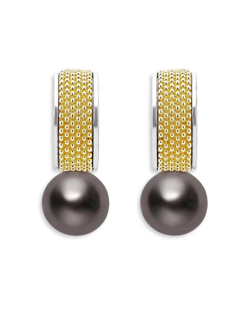 18K Yellow Gold & Sterling Silver Luna Black Tahitian Pearl Half Hoop Earrings