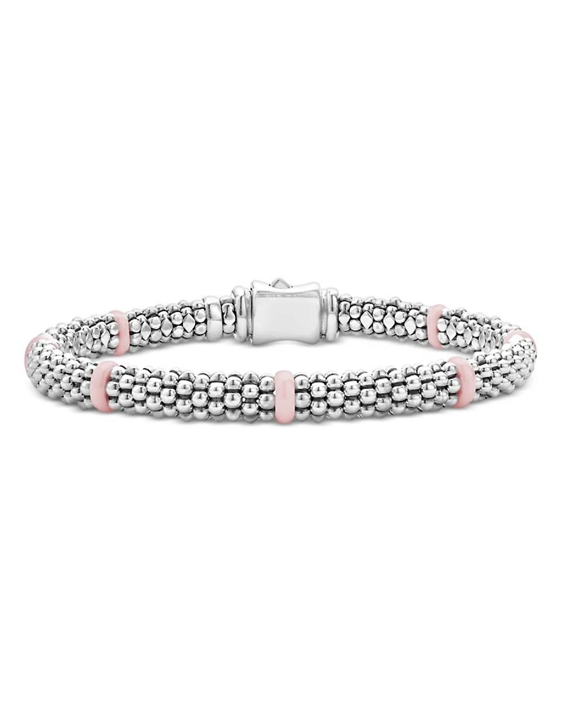 Sterling Silver Pink Caviar Ceramic Bead Link Bracelet