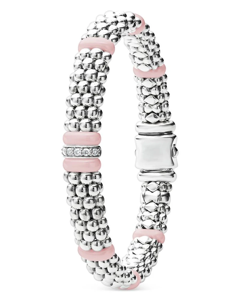 Sterling Silver Pink Caviar Diamond & Ceramic Bead Link Bracelet