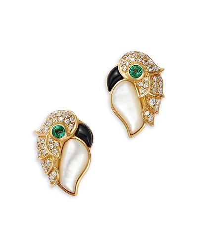 Emerald, Mother of Pearl, Onyx, & Diamond Bird Stud Earrings in 14K Yellow Gold