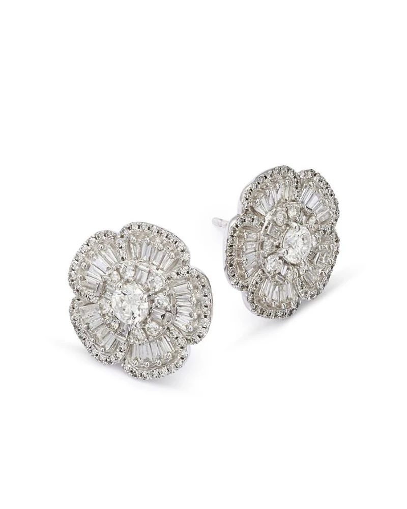 Diamond Round & Baguette Flower Stud Earrings in 14K White Gold