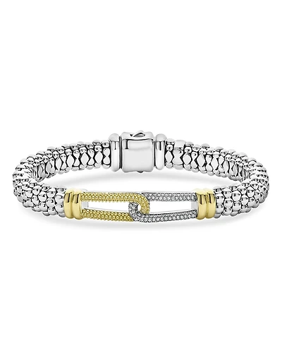 Lagos 18K Yellow Gold & Sterling Silver Caviar Lux Diamond Interlocking Loop Caviar Bead Clip Bracelet