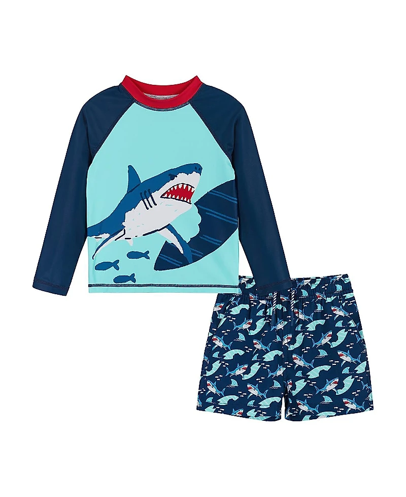 Andy & Evan Boys' Shark Graphic Raglan Rash Guard and Boardshort Set - Little Kid, Big Kid