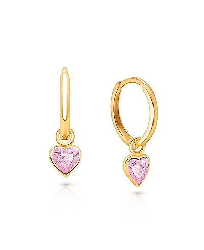 Tiny Blessings Girls' 14K Gold Pink Heart Drop 11mm Huggie Hoop Earrings - Little Kid, Big Kid