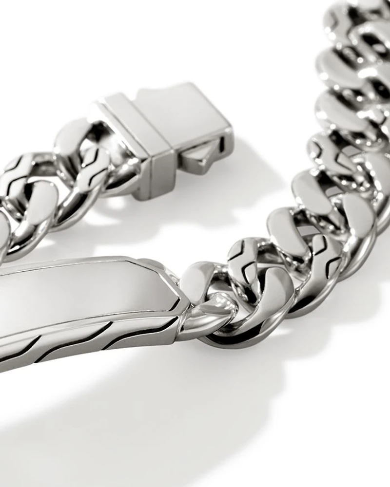 Men's Sterling Silver Carved Chain ID Plate Curb Link Bracelet