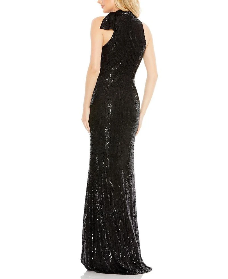 Sequined Soft Tie Halter Neck Column Gown