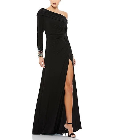 Mac Duggal Beaded Cuff Drop Shoulder Faux Wrap Gown