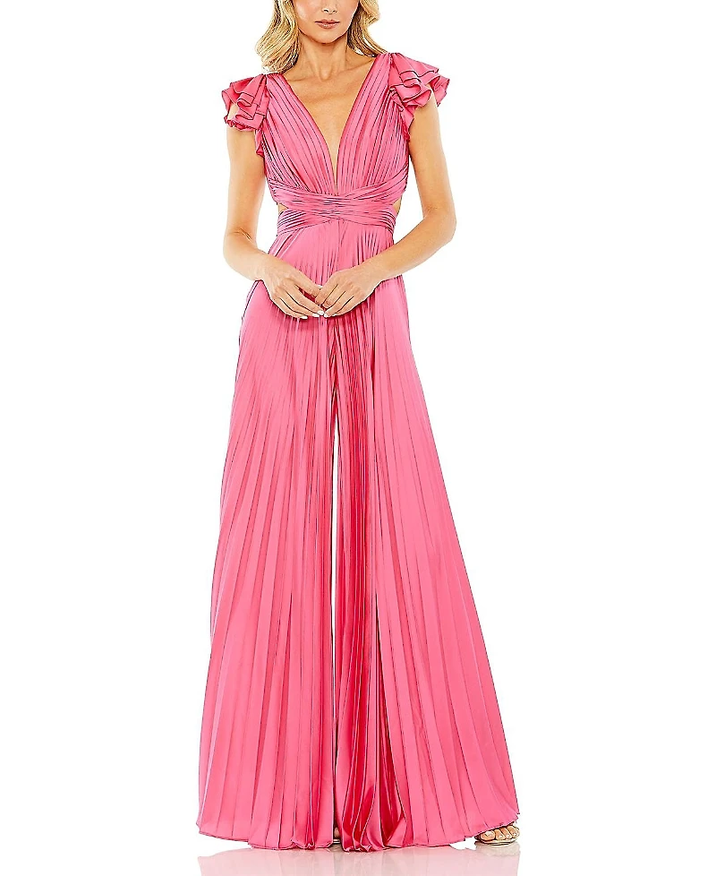 Mac Duggal Ruffle Cap Sleeve Cutout Heat Pleated Jumpsuit