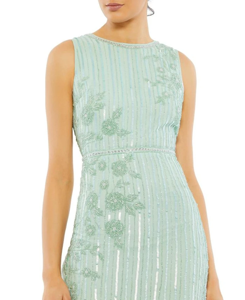 Striped Floral Embellished Sleeveless Midi Dress