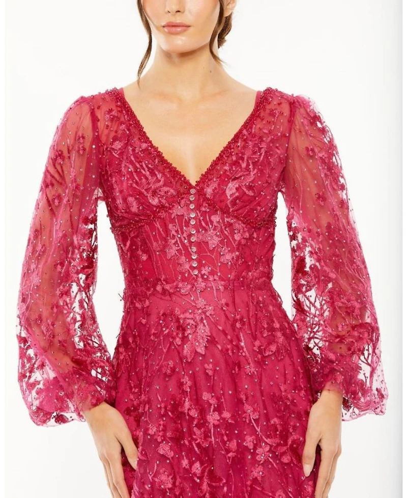 V Neck Puff Sleeve A Line Embroidered Gown