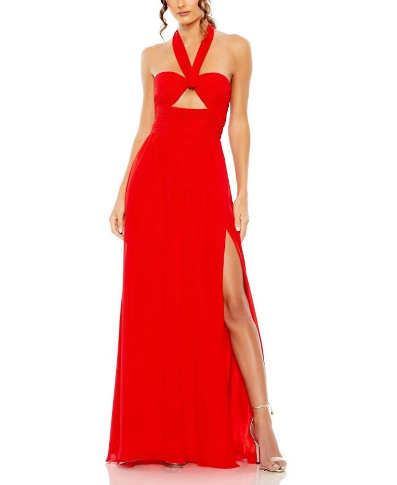 Ruched Halter Strap Keyhole Chiffon Gown