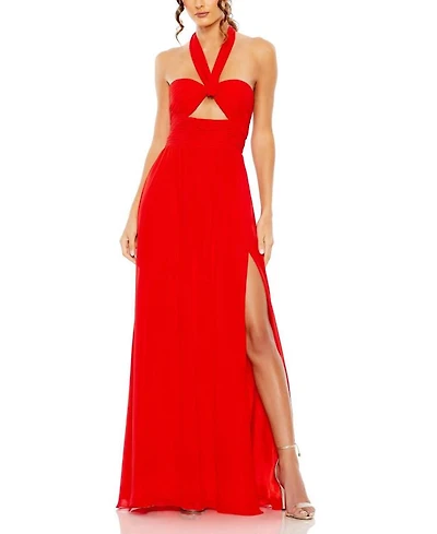 Ruched Halter Strap Keyhole Chiffon Gown